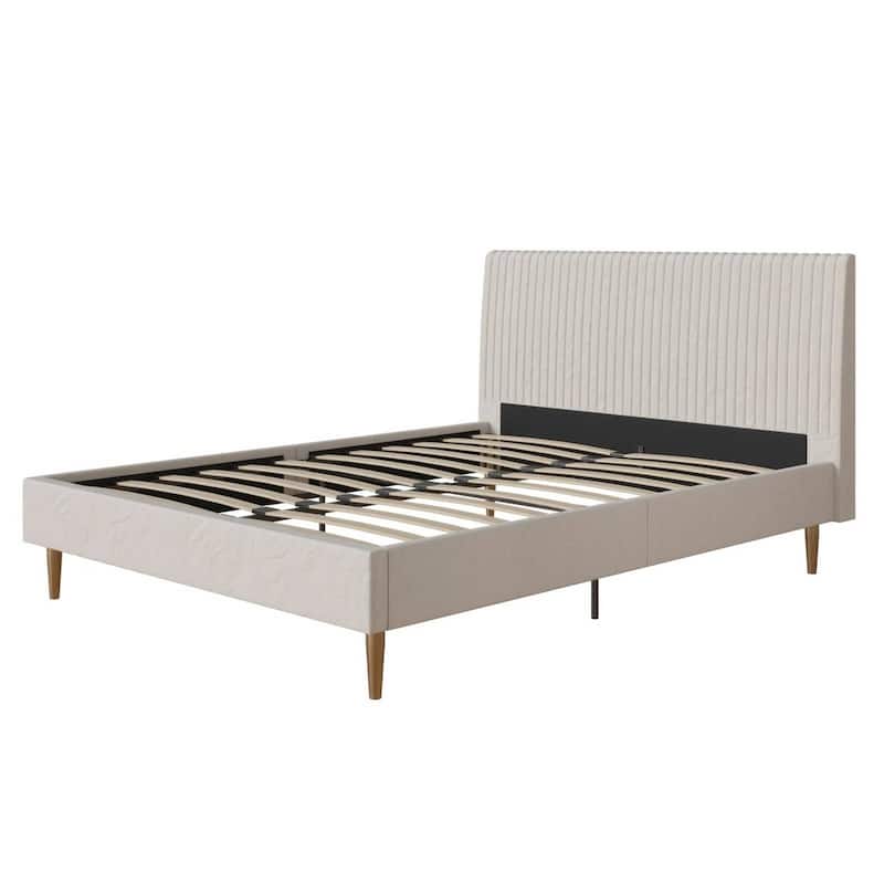 Off-White Ivory Cream Upholstered Platform Bed Frame with Headboard - Full