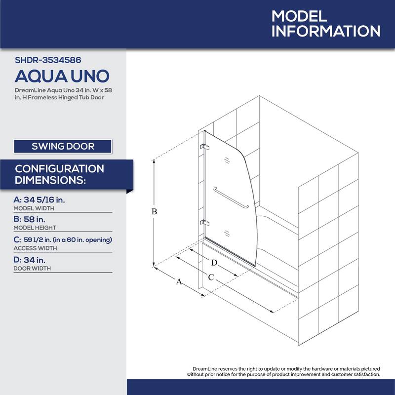 DreamLine Aqua Uno 34 in. W x 58 in. H Frameless Hinged Tub Door - 34.31" W - 34.31" W