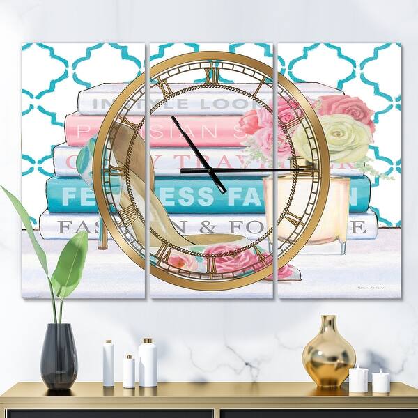 slide 2 of 9, Designart 'Pink Fashion high heels II' Glam 3 Panels Large Wall CLock