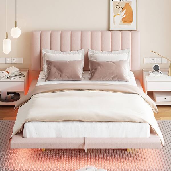 Roomfitters Queen Size Upholstered Floating Bed with LED Light & USB Port, Velvet, Hydraulic Platform