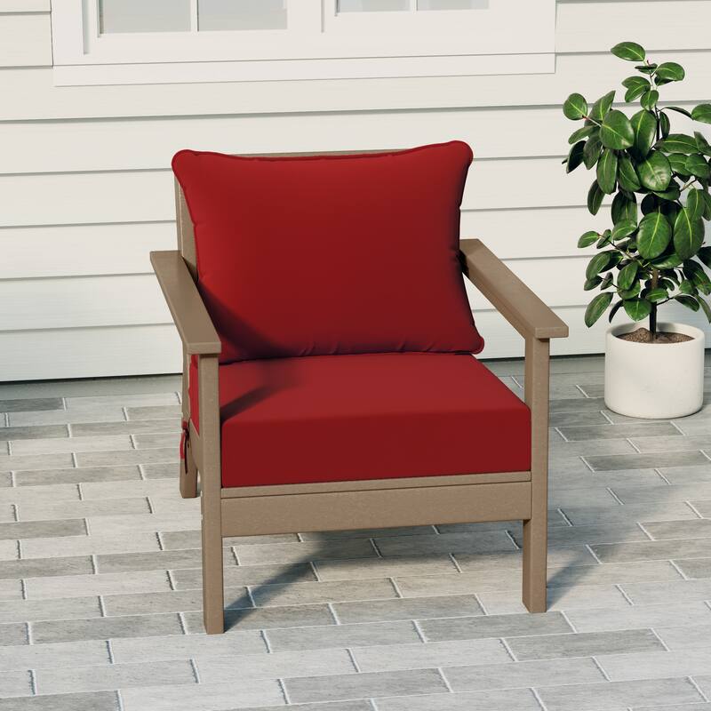 Birchwood All Weather HDPE Outdoor Patio Deep Seating Weathered Wood Club Chair With Cushions (1-Piece) - Weathered Wood/Red