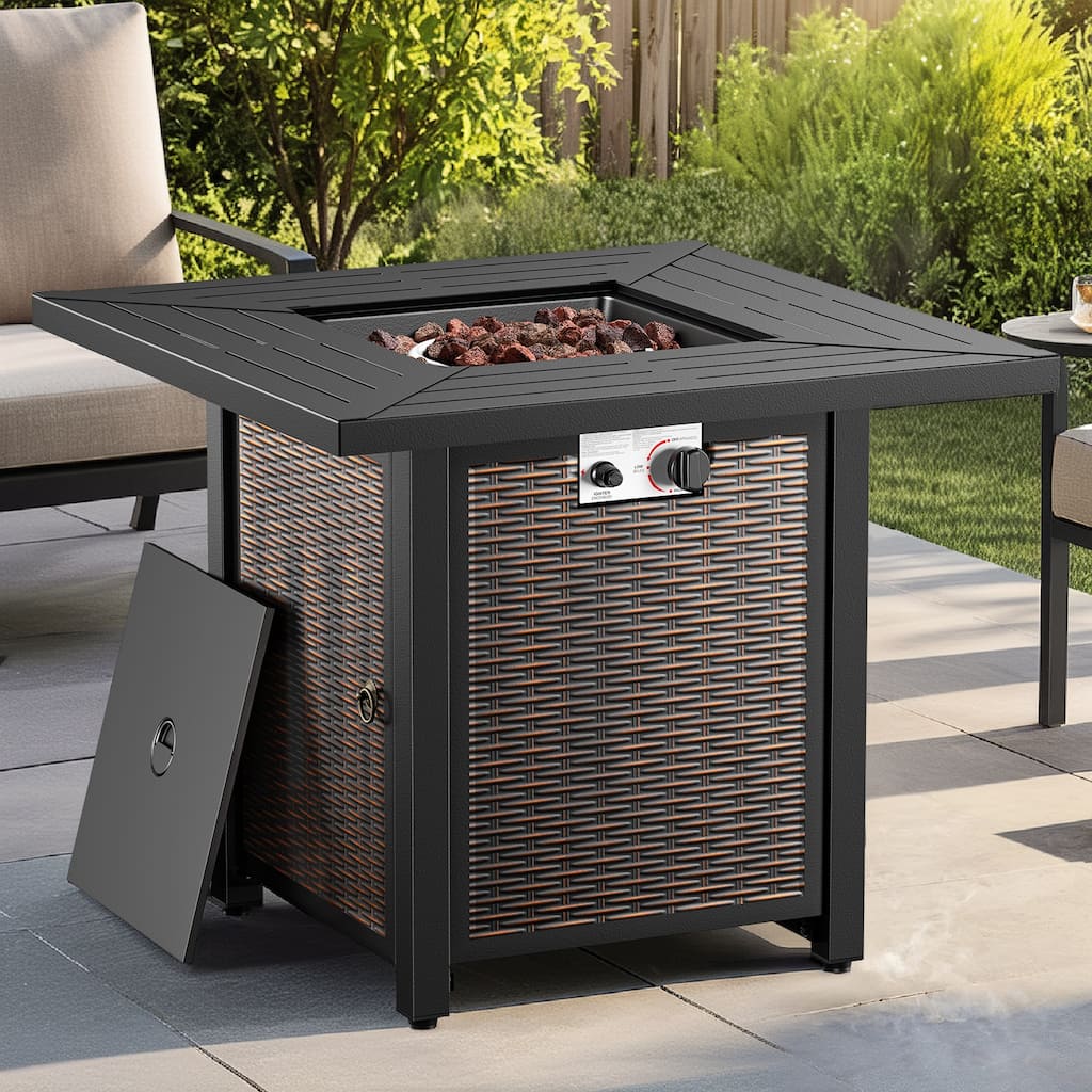 Meyreso 30 in. Square Brown Metal Propane Gas Outdoor Fire Pit Table with Lava Rocks, 50000 BTU