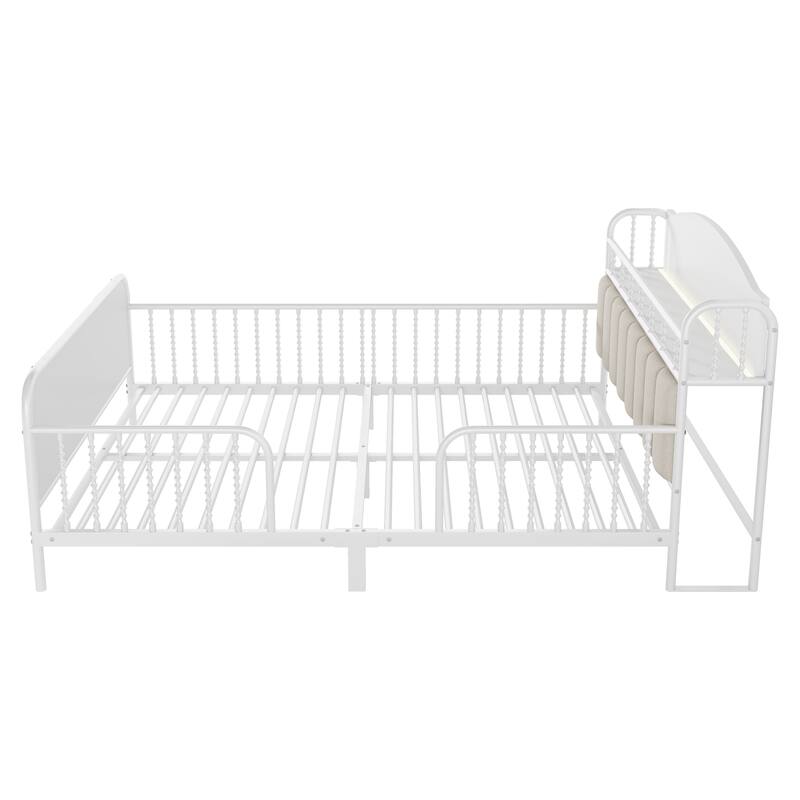 Kids Platform Bed Metal Frame with Linen Fabric Upholstered Storage Headboard Built-in Light Strip, Both Sides Rails