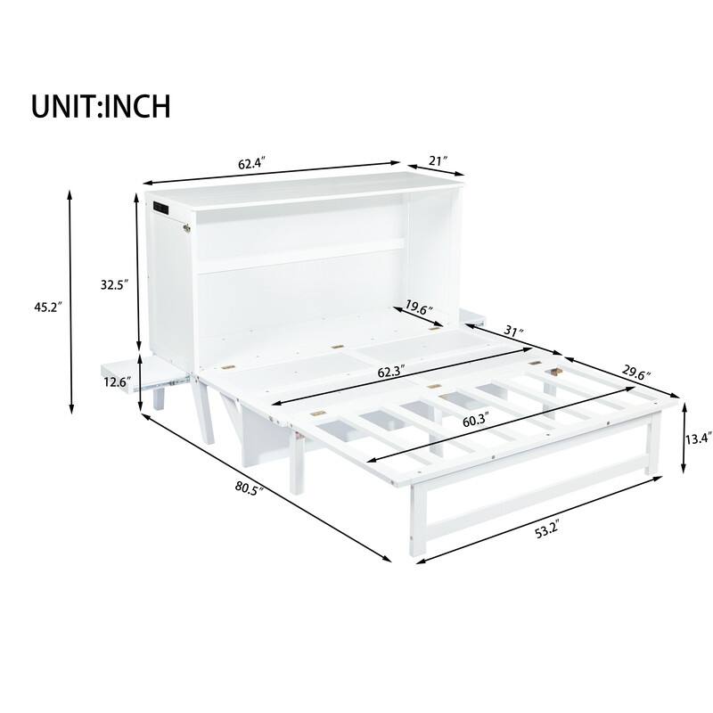 Murphy Cabinet Bed with USB Port and Removable Shelves on Each Side, Space-Saving Cube Cabinet Bed with Desk