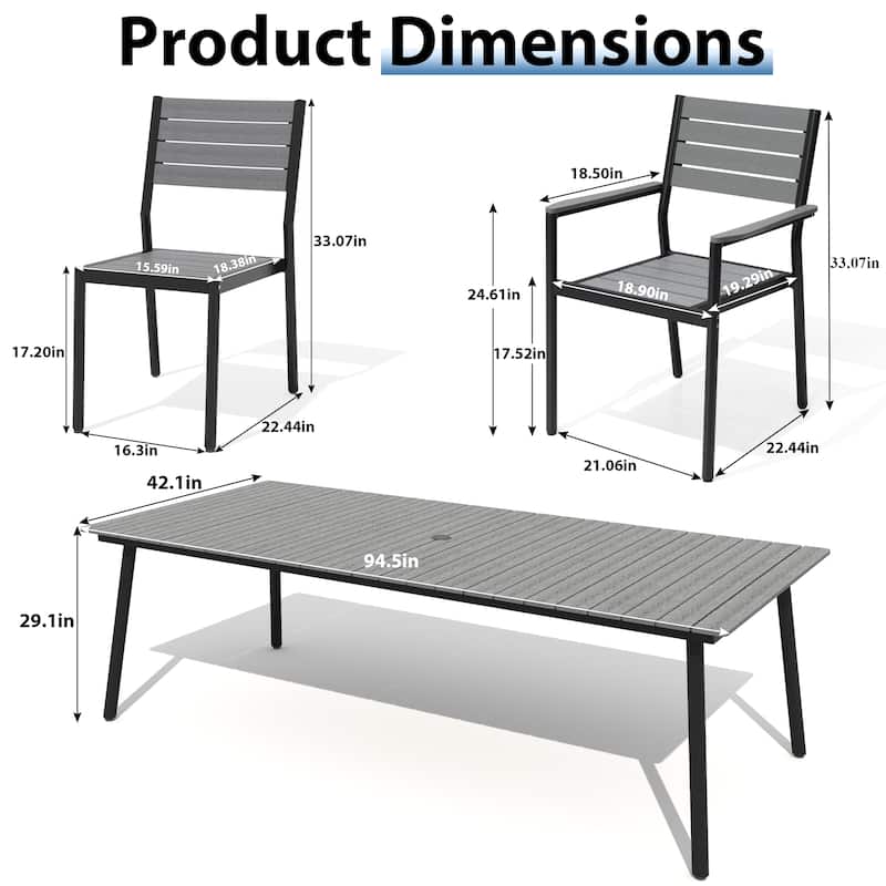VredHom 7/9-Piece Outdoor Patio Aluminum Dining Table with Stackable Chairs Umbrella Hole