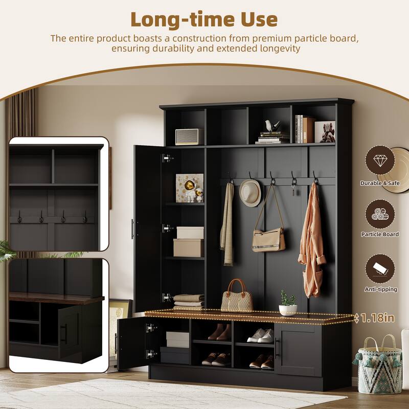Versatile 3-in-1 Farmhouse Hall Tree with with 6 Hooks & Adjustable Shelves - Walnut Storage Benchr