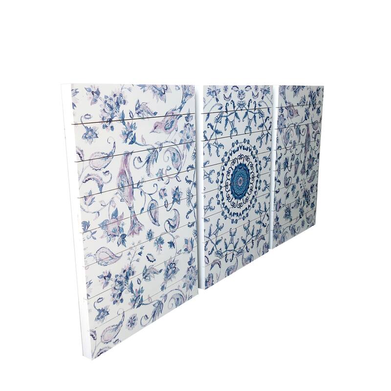 "Chinoiserie Pattern" 3 Piece Set Print on Planked Wood Wall Art