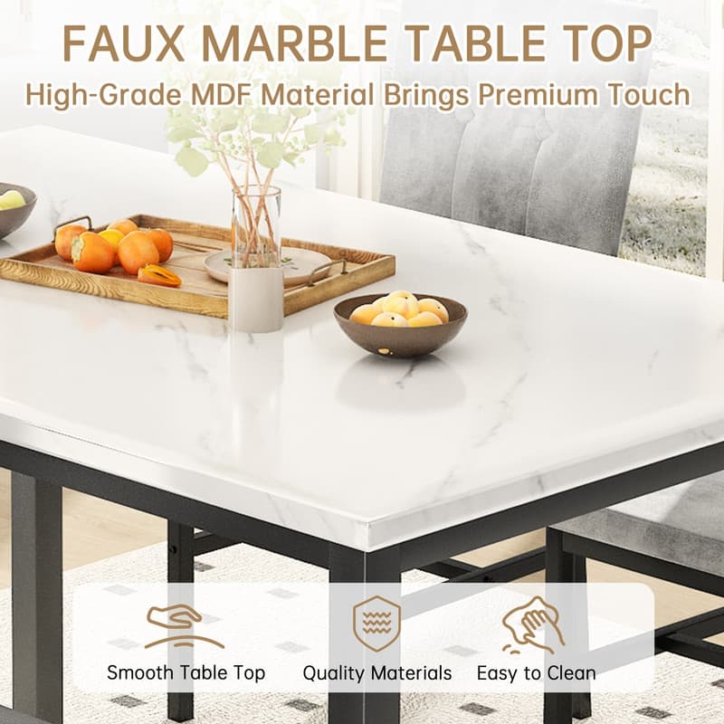 Grondin Modern Style 5 Pieces Dining Table Set For 4, Faux Marble Dining Room Table Set With 4 Upholstered Dining Chairs