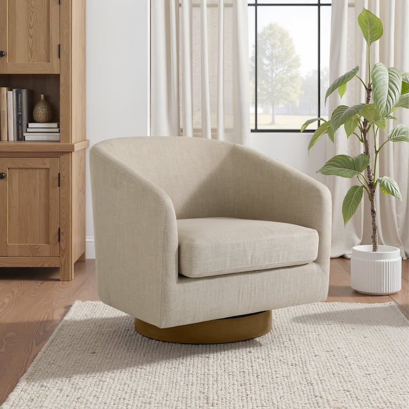 2 Set Modern Wide Round Swivel Accent Barrel Chairs - Cotton Linen - Light Brown-Single