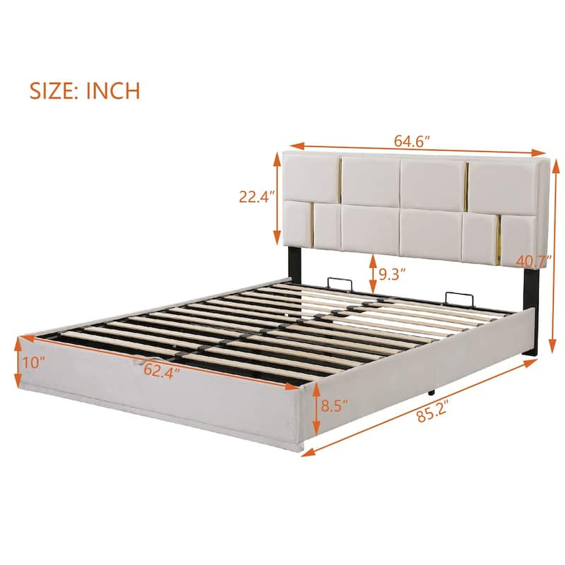 2-Pieces Bedroom Sets, Queen Size Upholstered Platform Bed with Hydraulic Storage System, Storage Ottoman with Metal Legs