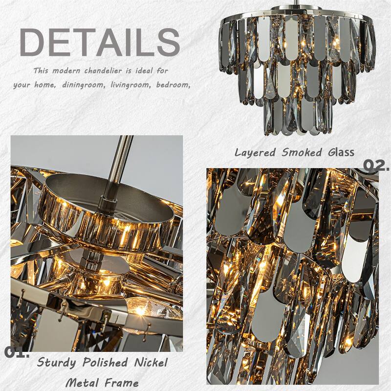 Dimmable Modern Smoked Crystal Chandelier Contemporary Round Polished Nickel Pendant Light Fixture for Dining Room Bedroom
