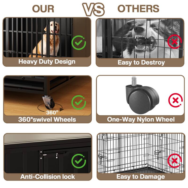 BOSSIN 48/42 inch Heavy Duty Steel Dog Crate Kennel with Wheels, Escape-Proof, Removable Tray for Large Dogs, Black