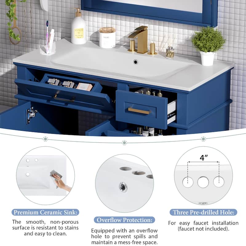 36" Blue Modern Bathroom Vanity with Ceramic Sink, Soft Close Doors, 4 Drawers for Storage, Elegant Design for Small Bathrooms