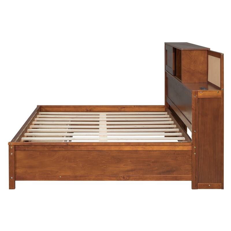 Full/Twin Size Built-in Storage Bed Versatile Wooden Daybed with 3 Drawers, Pushable Top Shelf, USB Ports and Power Outlets