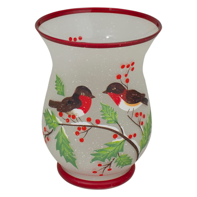 8" Hand Painted Finches and Pine Glass Christmas Candle Holder