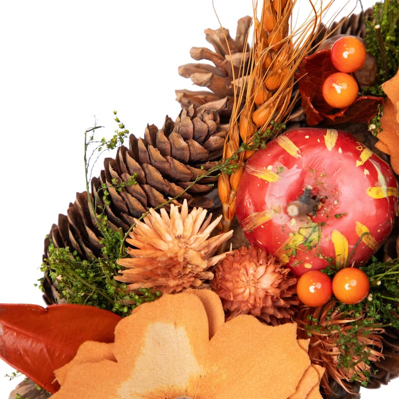 Autumn Harvest Orange Flowers Gourds Pine Cone Wreath 13.25 Inch Unlit