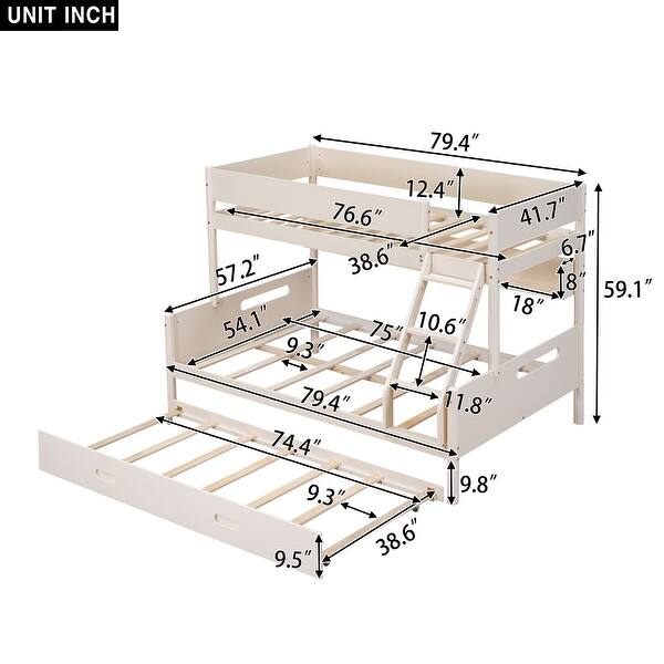 Cream Wood Twin over Full Bunk Bed with Storage Shelves and Twin Size Trundle