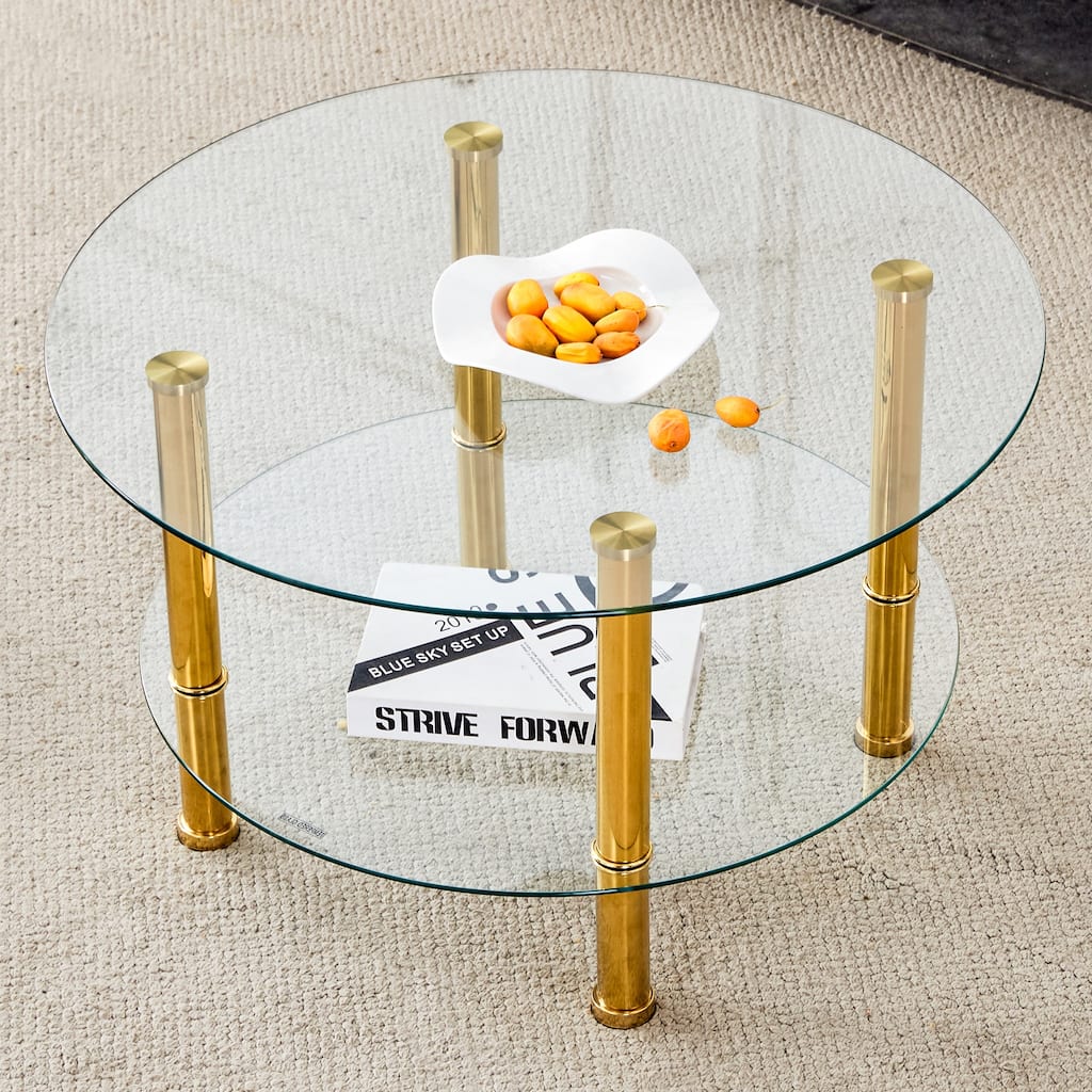 Contemporary Minimalist Double Layer Tempered Glass Coffee Table,Reinforced Glass Tabletop,Stainless Steel Golden Plated Legs