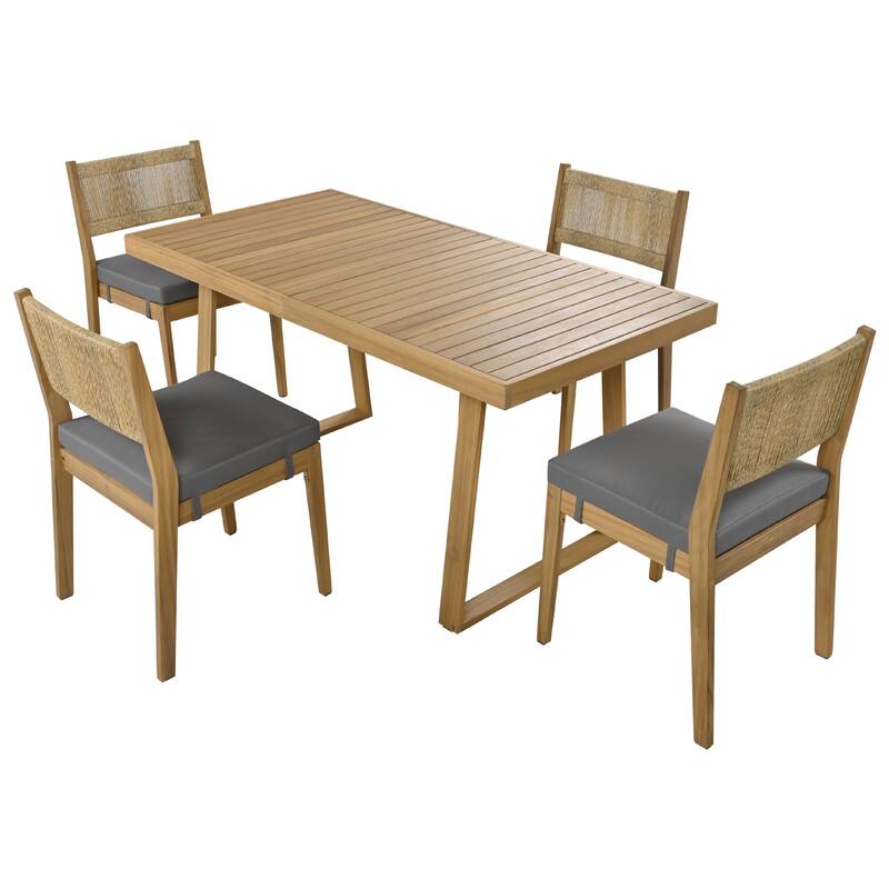 5-Piece Outdoor Patio Acacia Wood Dining Set with Rectangular Table and 4 Cushioned Chairs