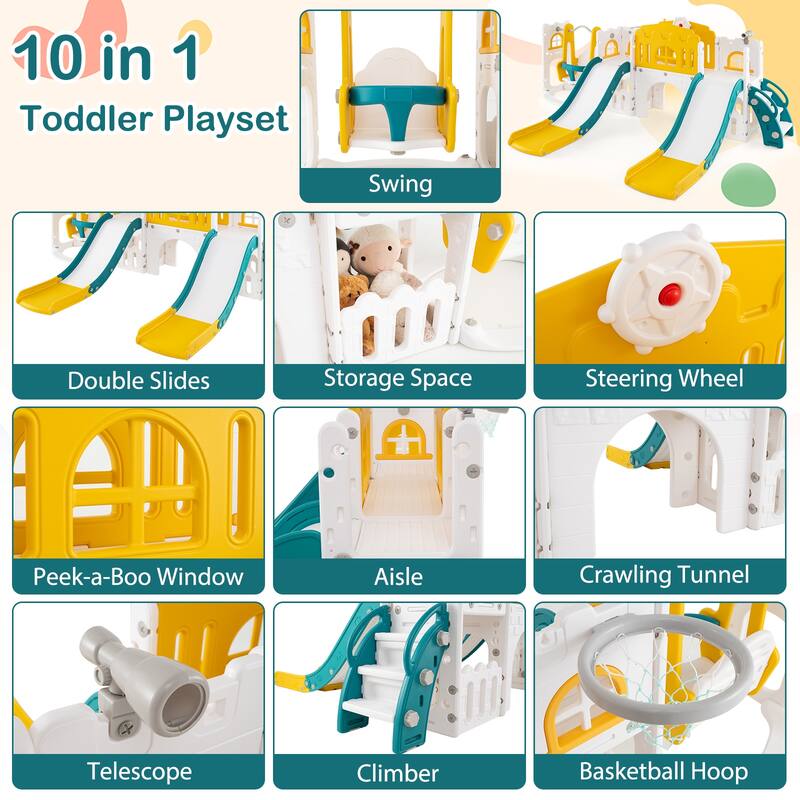10 in 1 Toddler Slide and Swing Set with Double Slides Climber Basketball Hoop and Tunnel Indoor Outdoor Playset for Kids