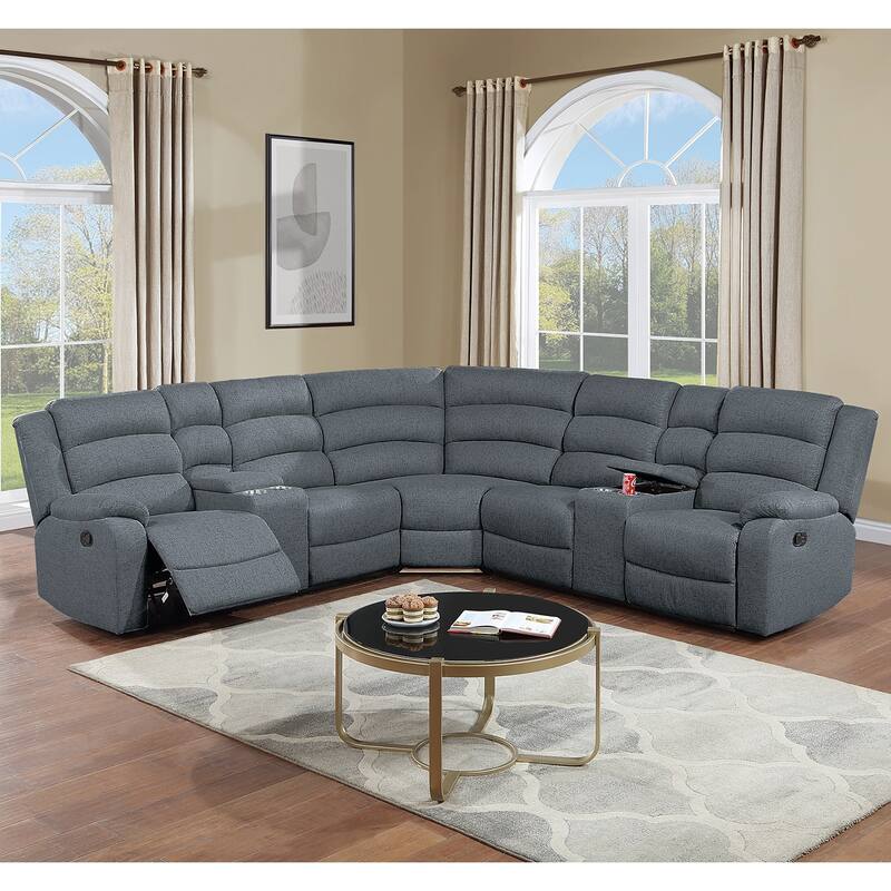 3 Piece Burlap-Like-Fabric Reclining Sectional Set with Console