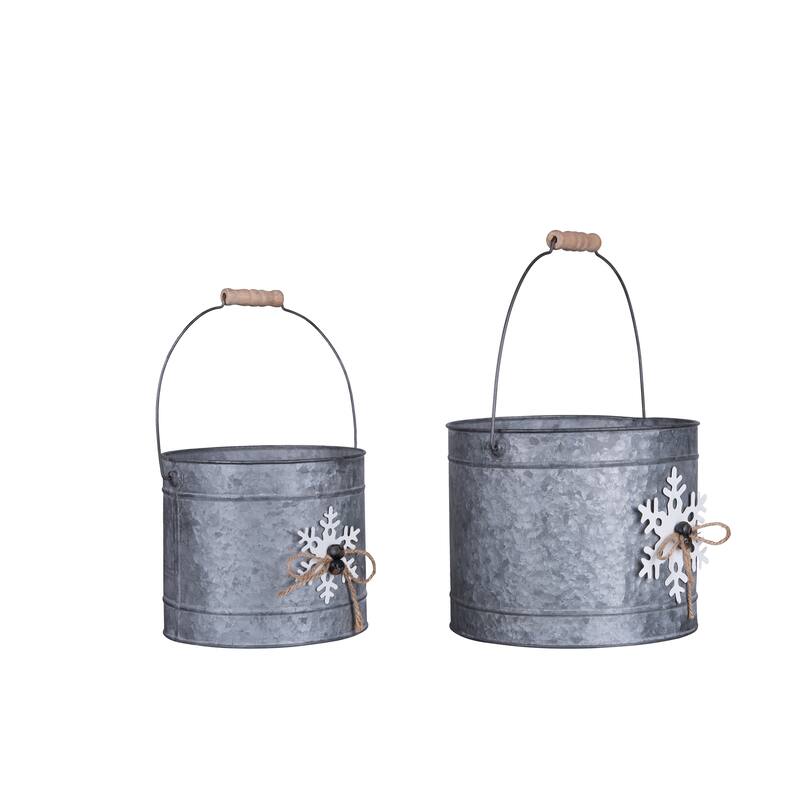 Transpac Metal 9.5 in. Gray Christmas Buckets with Dimensional Snowflake Set of 2