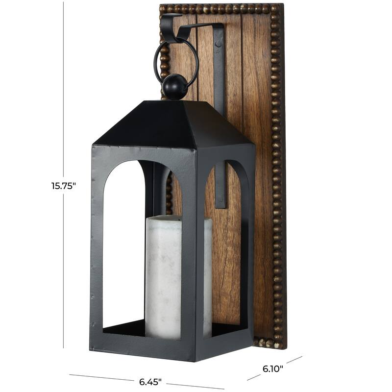 Black Metal Suspended Arched Cutout Wall Sconce with Brown Wood Backing and Beaded Edge