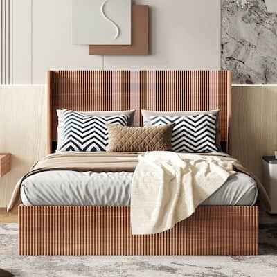 Grooved Undulating Lift Storage Bed Frame Queen Size Platform Bed with Wingback Headboard and Slats, Rustic Walnut Slat Bed
