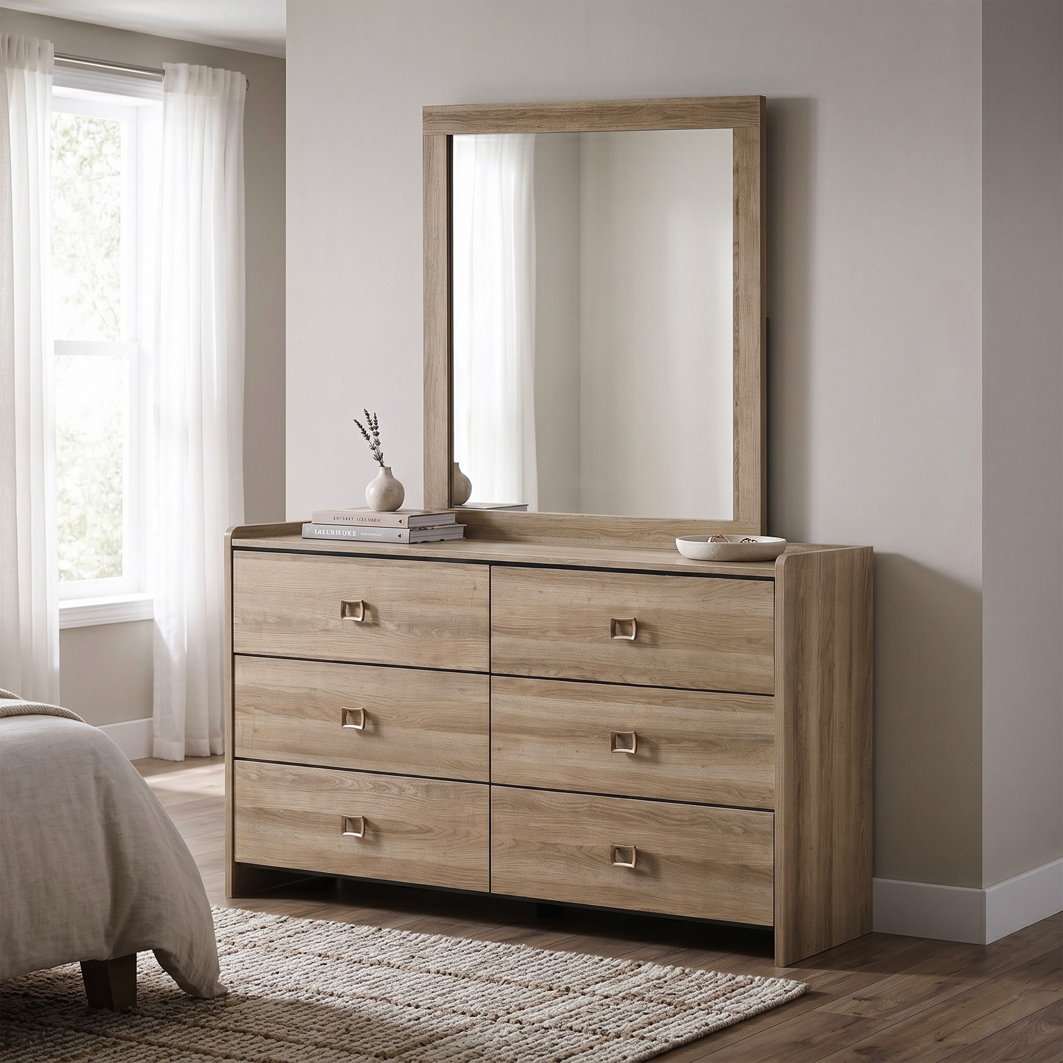 Furniture of America Valio Modern 2-Piece Dusty Oak Wood 6-Drawer Dresser and Mirror Set