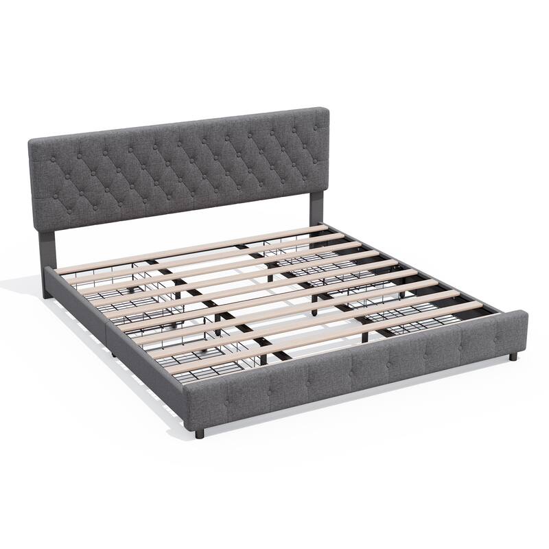 Linen Upholstered Headboard Bed Frame with Large Hidden Storage, 4 Underbed Drawers with Pulleys - Charcoal - King