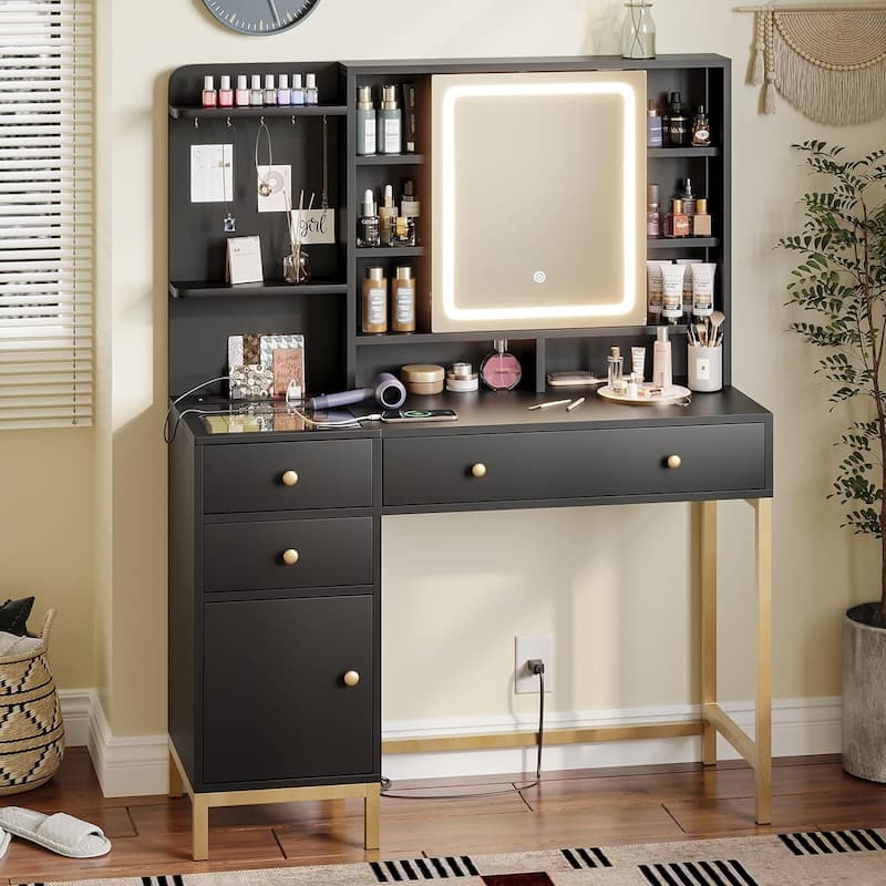Vanity Desk with Unique Jewelry Hooks and Hidden Storage Space - Black