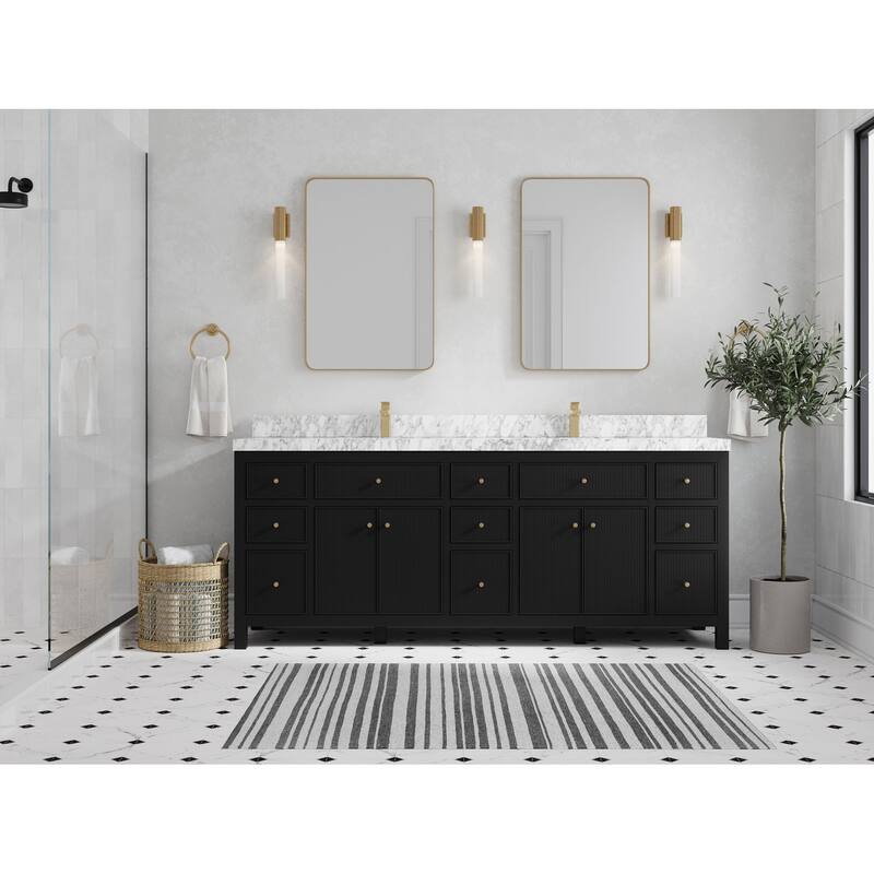 Willow Collections 84 in. W x 22 in. D Sonoma Free Standing Reeded Double Sink Bathroom Vanity with Countertop - 2" Carrara Marble - Black