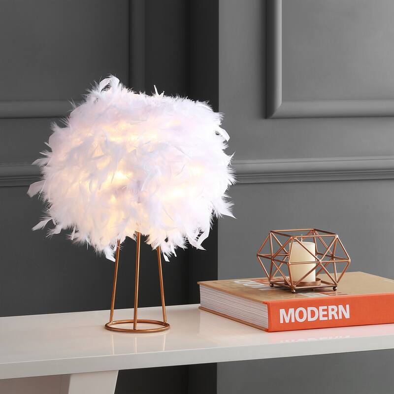 Isabelle 16" Feather Metal LED Table Lamp, White/Gold by JONATHAN Y