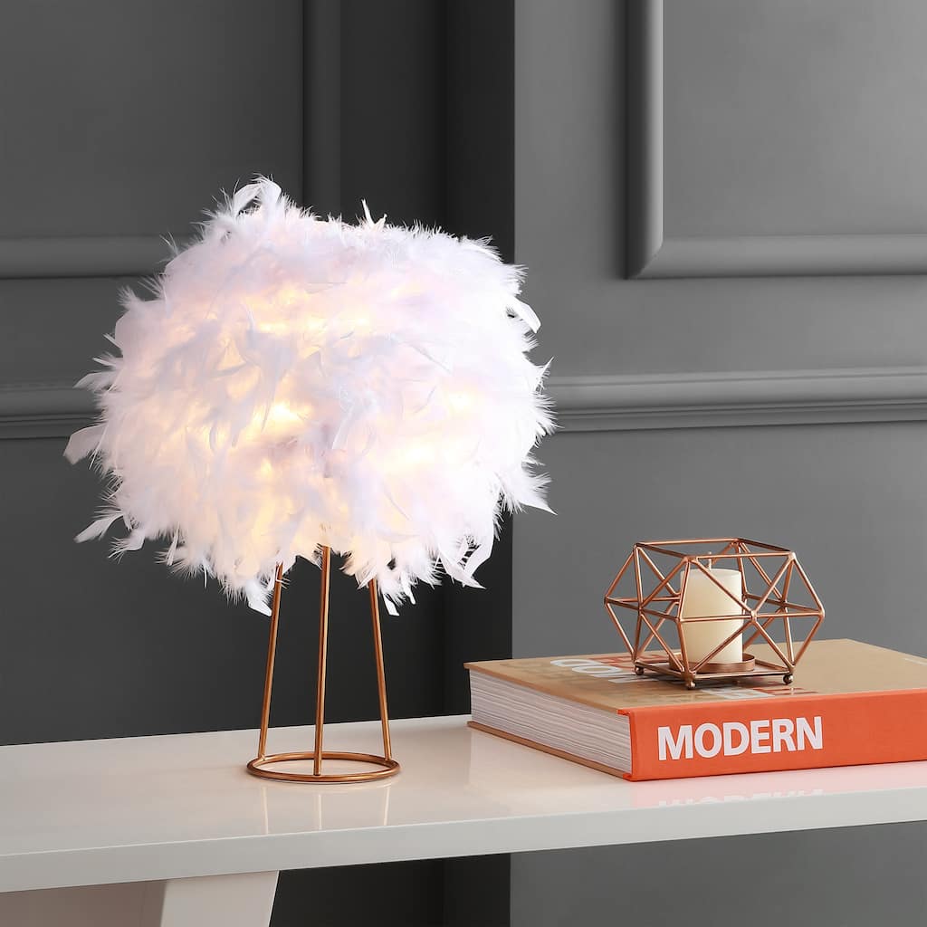 Isabelle 16" Feather Metal LED Table Lamp, White/Gold by JONATHAN Y
