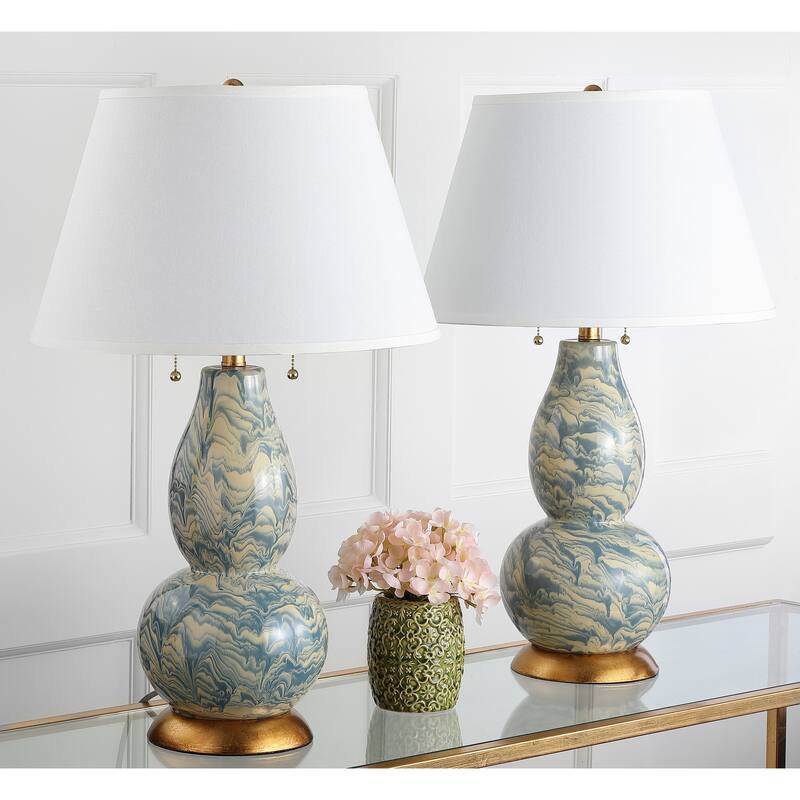 SAFAVIEH Lighting 29-inch Blue and White Color Swirls Glass Table Lamp (Set of 2) - 17"x17"x28"