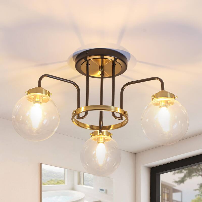 Modern 3-Light Black Gold Semi-Flush Mount Glass Ceiling Light - Matte Black