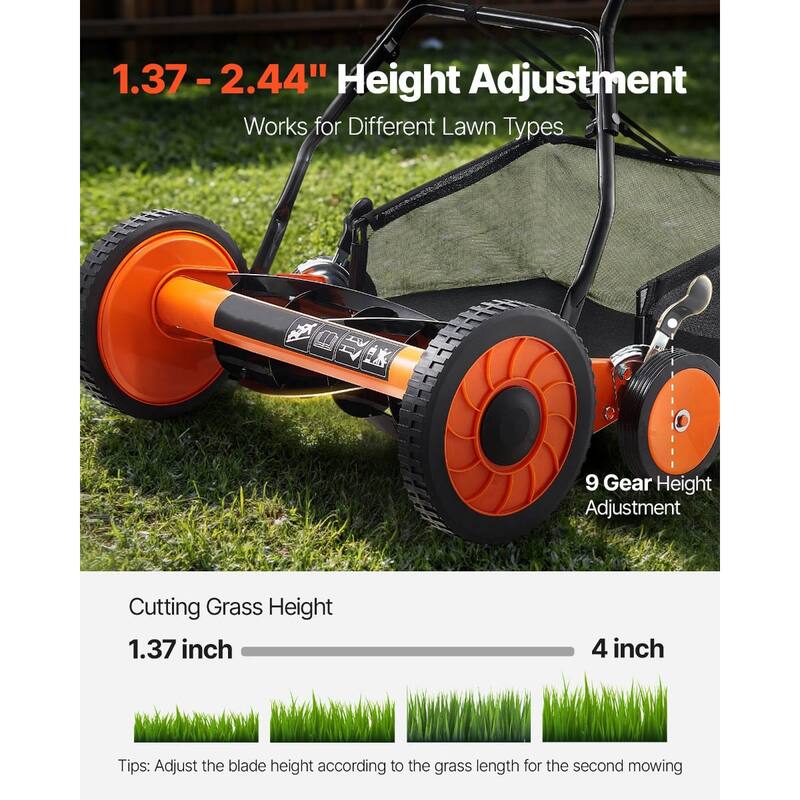 Black-Orange 18 inch Push Lawn Mower with 5 Steel Blades, Adjustable Height and Grass Catcher - 51.18 x 24.21 x 9.65 inches