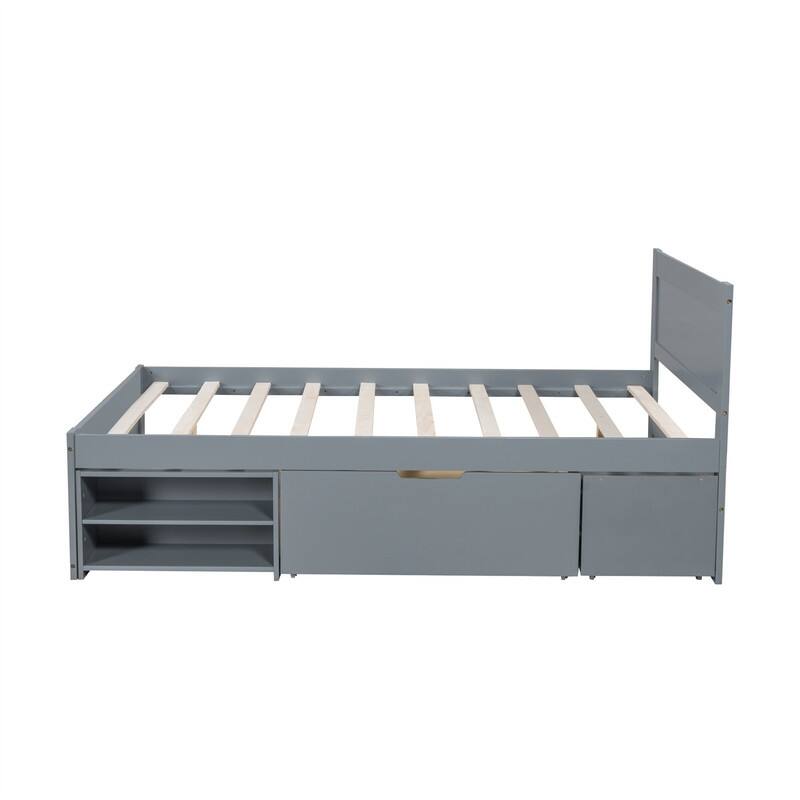 Twin/Full Size Platform Bed with Drawer and 2 Storage Shelves, Modern Bed Frame with Headboard and Large Storage Space