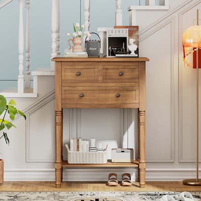 Narrow Console Table with Drawers and Bottom Shelf