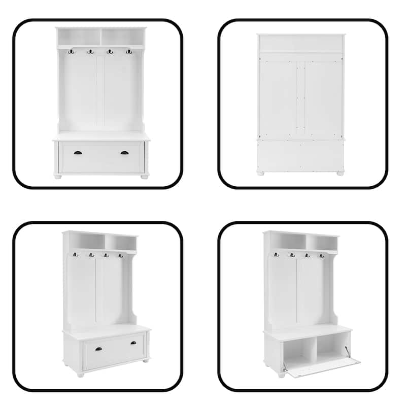 Hall Tree Entryway Bench with Open Shelves and Shoe Cabinets
