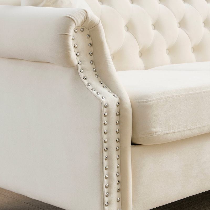 Classic Chesterfield 3-Seater Velvet Sofa with Nailhead Trim and Two Pillows, Ideal for Living Room, Bedroom, or Apartment