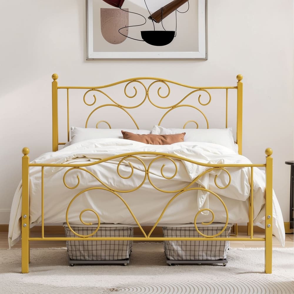 VECELO Metal Platform Bed Frame with Roman Column Floral Scrollwork Headboard No Box Spring Needed Twin/Full/Queen Size