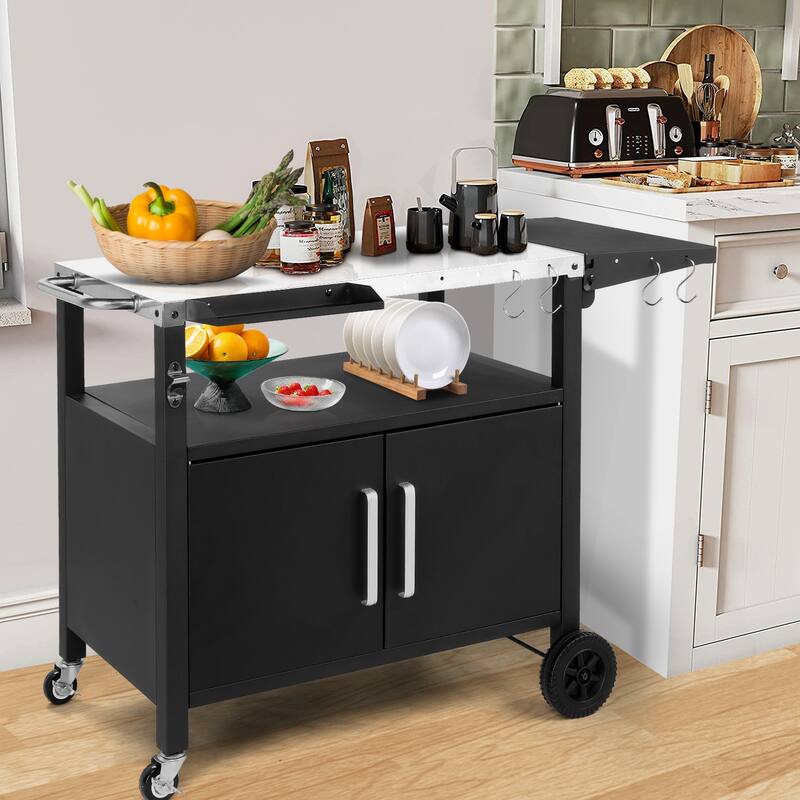 Outdoor Grill Cart with Foldable Side Table Iron Frame, Mobile BBQ Station with Storage Cabinet, Spice Rack & Lockable Wheels