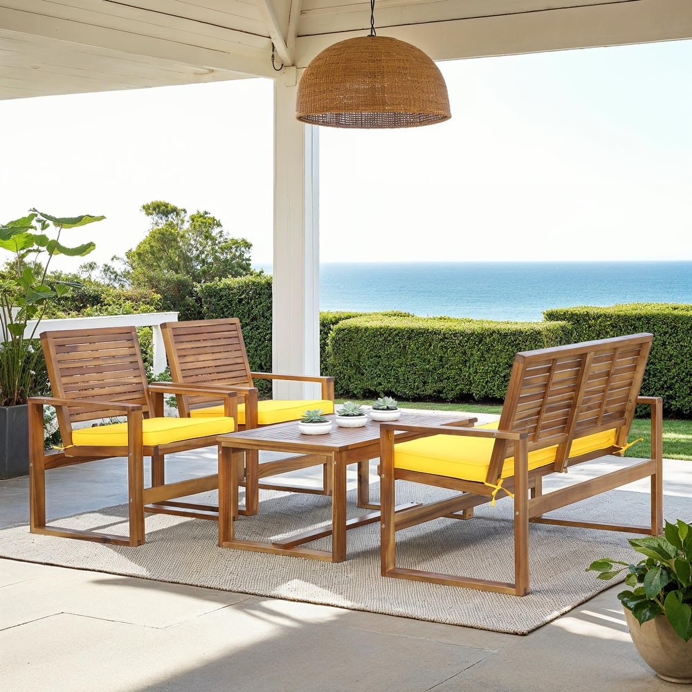 SAFAVIEH Outdoor Priama Acacia Wood 4-Piece Patio Set - 43"W x 23"D x 34"H