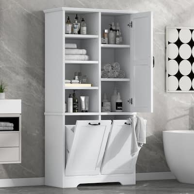 68'' Bathroom Storage Cabinet with Doors, Drawers, Tilt-Out Laundry Hamper and Adjustable Shelves