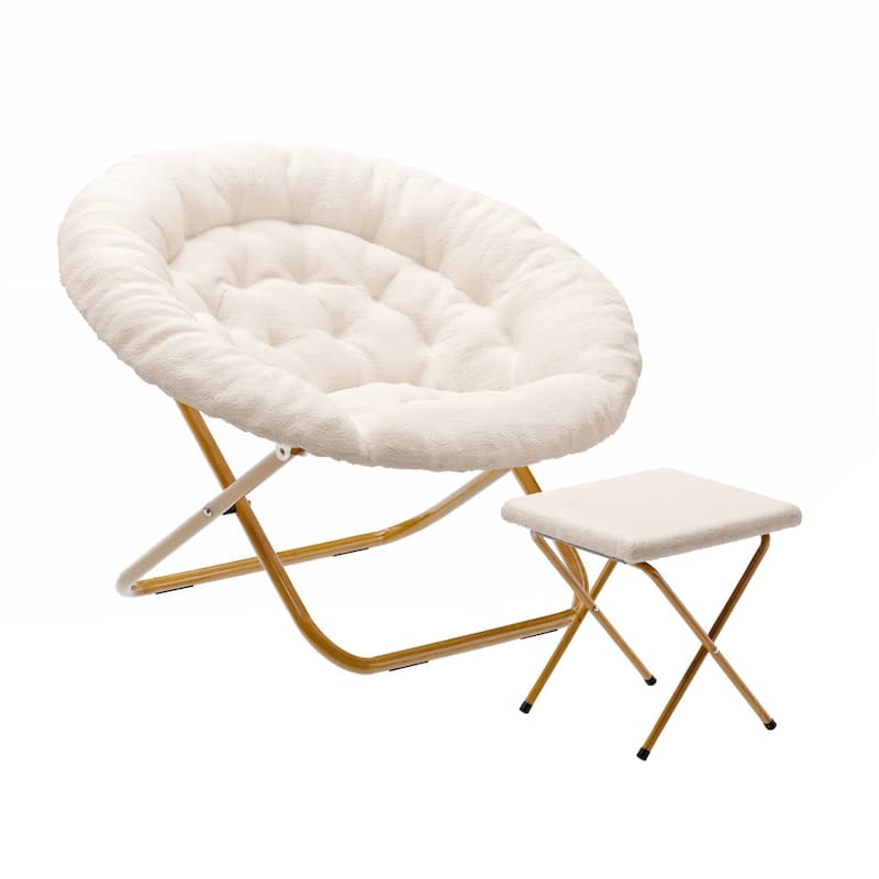 Upholstered XL Folding Saucer Chair with Ottoman - 31"D x 35.75"W x 33.5"H - Ivory Faux Shearling Fabric/Soft Gold Frame