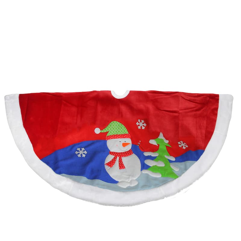 48" Red Fleece Christmas Snowman Winter Tree Skirt with White Faux Fur Trim - 48