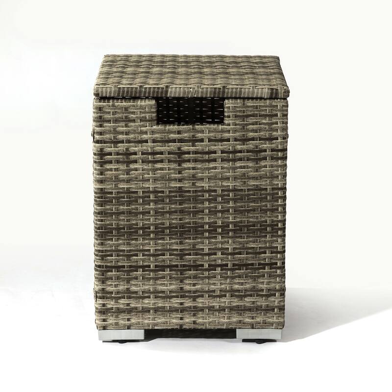 GDFStudio - Everly Beige Rattan Propane Fire Pit Table with Hidden Tank Storage and Ceramic Tile Tabletop