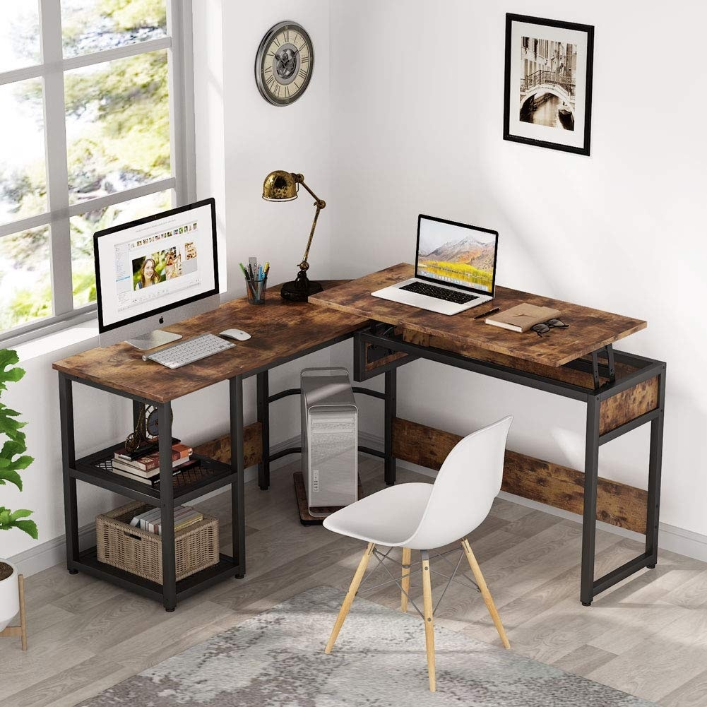 L Shaped Desk with Lift Top, Rustic Height Adjustable Standing