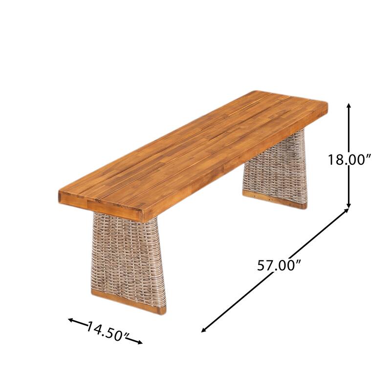 Outdoor Acacia Wood Bench(Set of 2), Teak Finish+ Brown Wicker